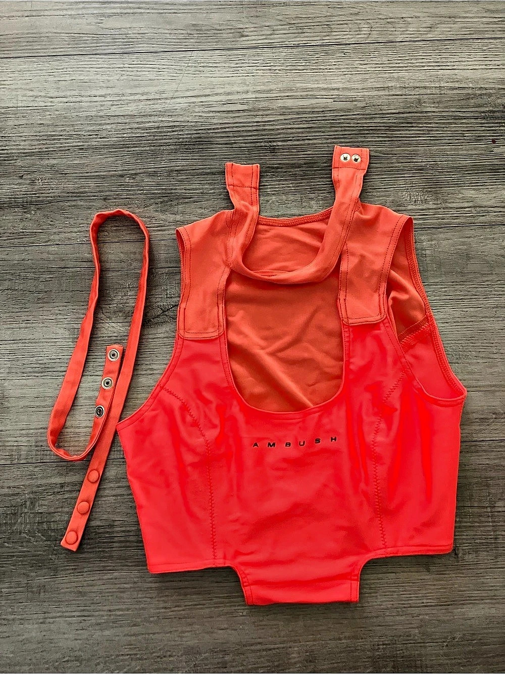 AMBUSH Waves Beach Logo Print Cropped Top Utility Tank Top in Red & Orange Size